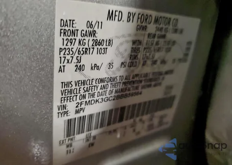 2011 Ford Edge Se from USA, damaged, VIN 2FMDK3GC2BBB59564
